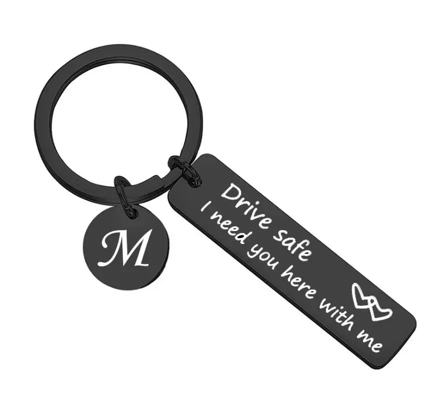 

Drive Safe Keychain Present Favors for Trucker Husband Dad Boyfriend Birthday 26 Letters Black Key Rings+Box Handsome Gifts 50PC