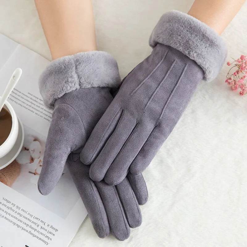 

Women Suede Leather Touch Screen Driving Glove Winter Female Double Thick Plush Wrist Warm Cashmere Cute Cycling Mittens C56