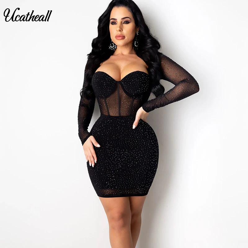 Women New Sexy Hot Drilling Bodycon Party Club Mini Dress Vestidos Nightclub Back Zipper Mesh Double Layer Sequare Neck Dress