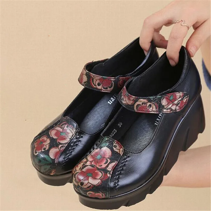 2023 Spring New Chinese Style Women\'s Shoes Classic Printing Genuine Leather Shoes Platform Wedges High Heels Heighten Shoes