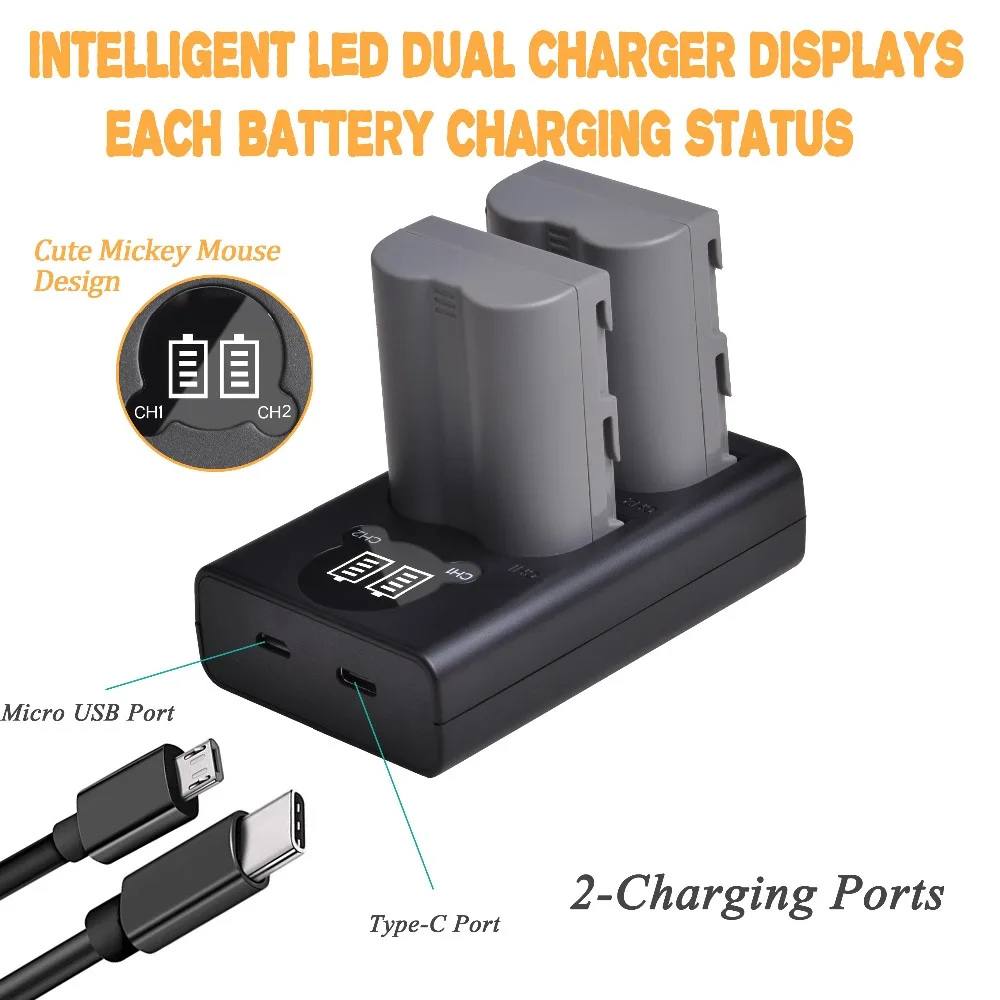 2000mAh EN-EL3e EN EL3e Battery + Charger with USB and Type-C Port for Nikon D90 D80 D70 D700 D50 D70s D300s D100 D200 SLR