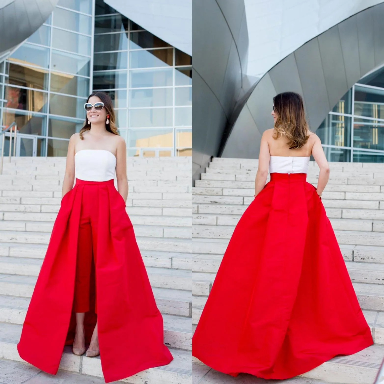 

Vintage Red Long Prom Evening Dresses Sexy Backless Pocket Sleeveless Party robe soirée femme Removable Train vestidos de noche