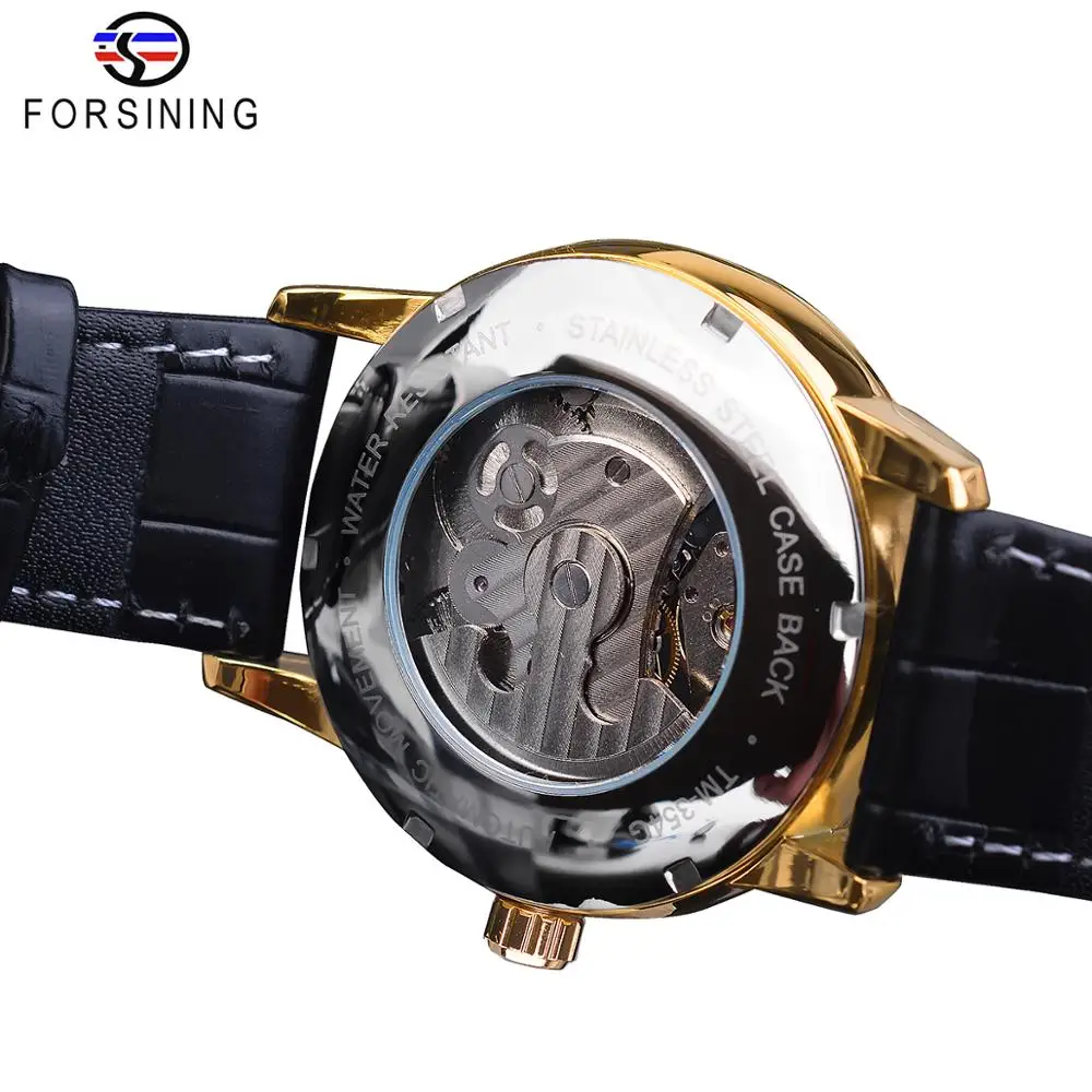 Forsining Skeleton Dial Dual Time Zone Mechanical Watch Black Gold Leather Band Moon Phase Tourbillon Waterproof Automatic Watch