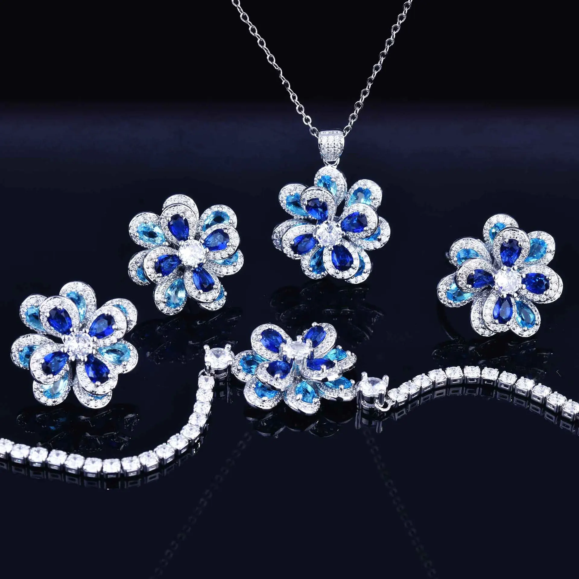 Ladies's Romantic Charm Silver Color Earrings Blue Camellia Zircons Necklaces Rings Sets Fine Costume Jewelry Valentines Gifts