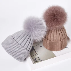 Winter women Girls real fox fur pom pom knitted beaines cap Kid baby Boy Child Rabbit fur knitting skullies hat Cashmere gorros