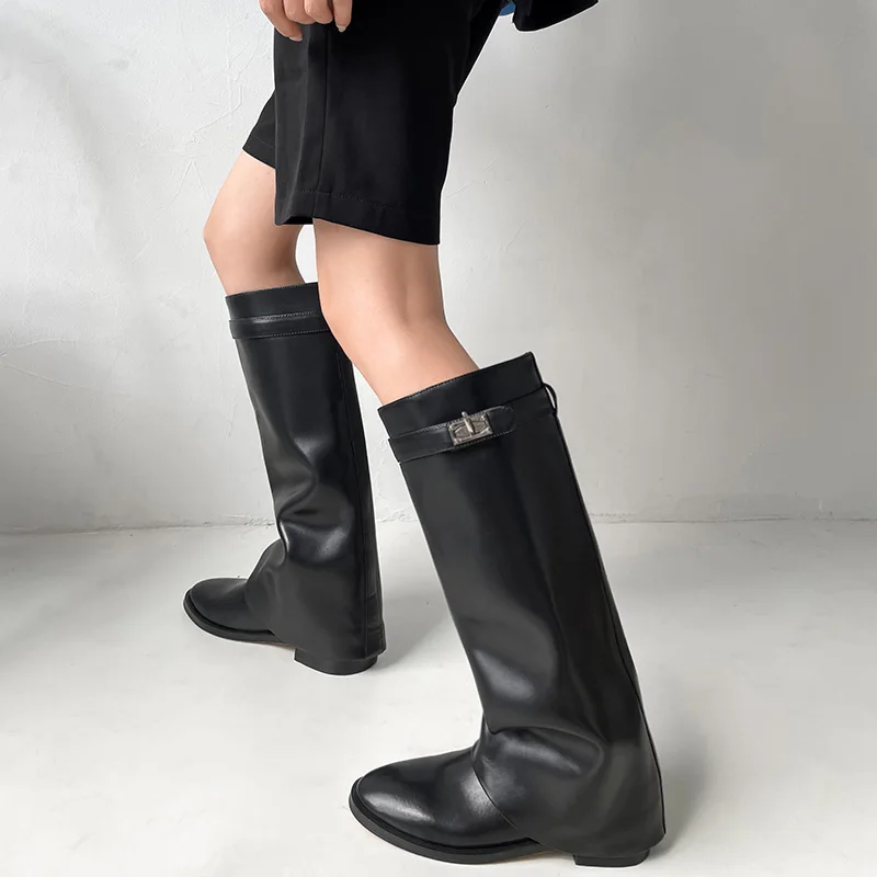 Fashion Woman Genuine Leather Loose Knee High Boots Sliver Metal Buckle Fold inner Wedge 40 mm Knight Boots winter warm boots