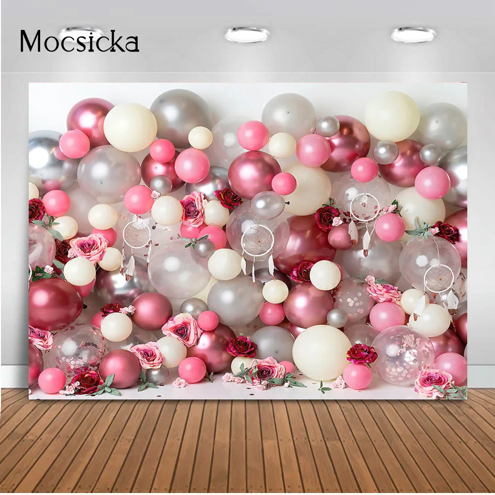 Lente Roze Bloemen En Ballonnen Meisjes Portret Fotografie Achtergrond Dreamcatcher Nebworn Kinderen Cake Smash Foto Achtergrond
