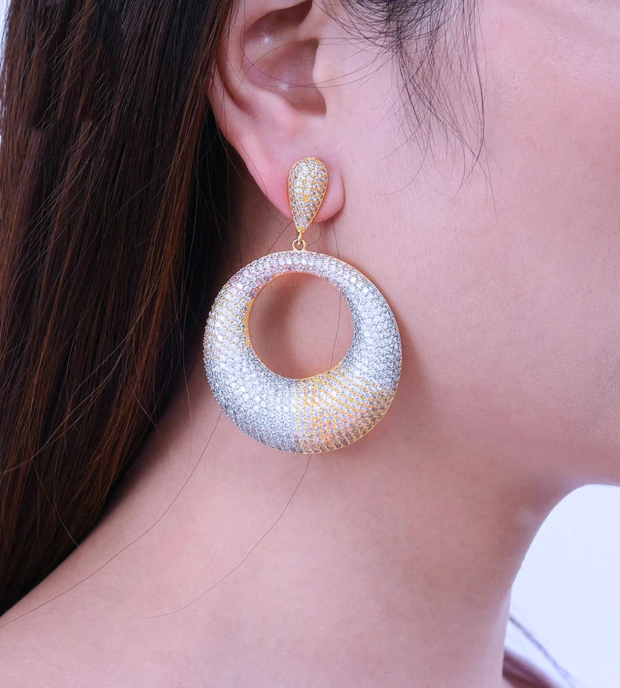 

Soramoore Big Round Circle Hollow CZ Drop Dangle Long Earrings For Women Wedding Bridal Jewelry aretes de mujer modernos