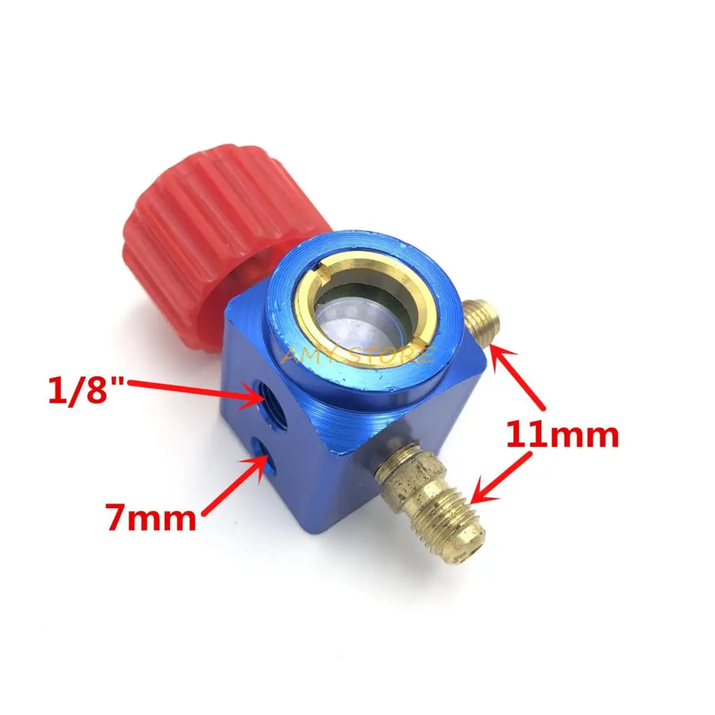 

Visible 1/8"BSP-11mm-11mm Refrigeration Air conditioning Freon A/C Manifold Gauge Meter Tee Female-Male-Male Valve w hook