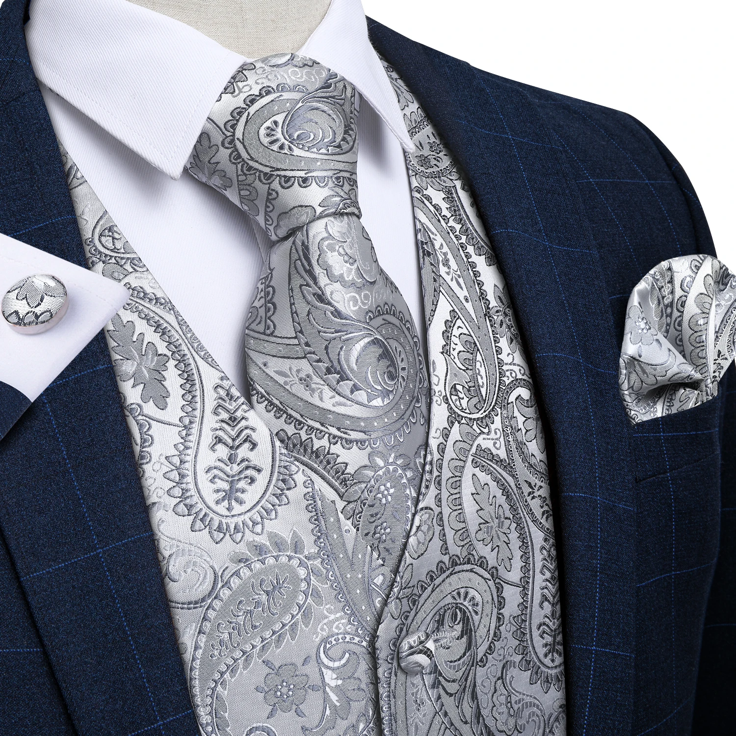 Luxury Silver Gray Paisley Suit Vest Men Tuxedo Blazers Wedding Party - alternate angle