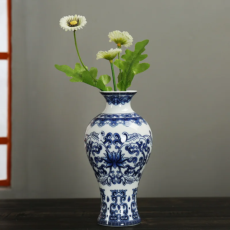 Vase small mouth porcelain blue and white porcelain vase mini water culture retro flower insert wall insert ornament tea ceremon