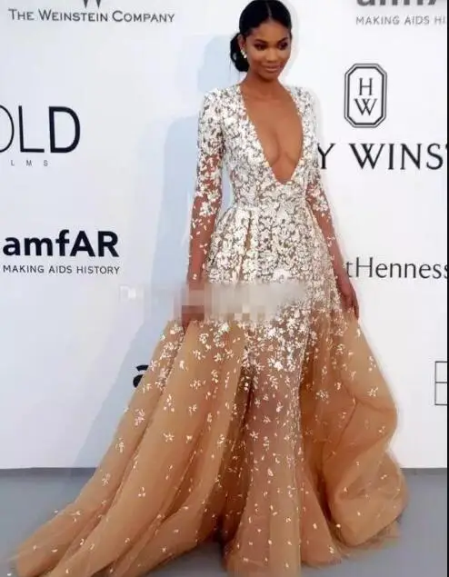 Beyonce – robe longue de célébrité en Tulle, effet d'illusion, col en V, avec des appliques en dentelle, tenue de soirée, collection hiver 2017