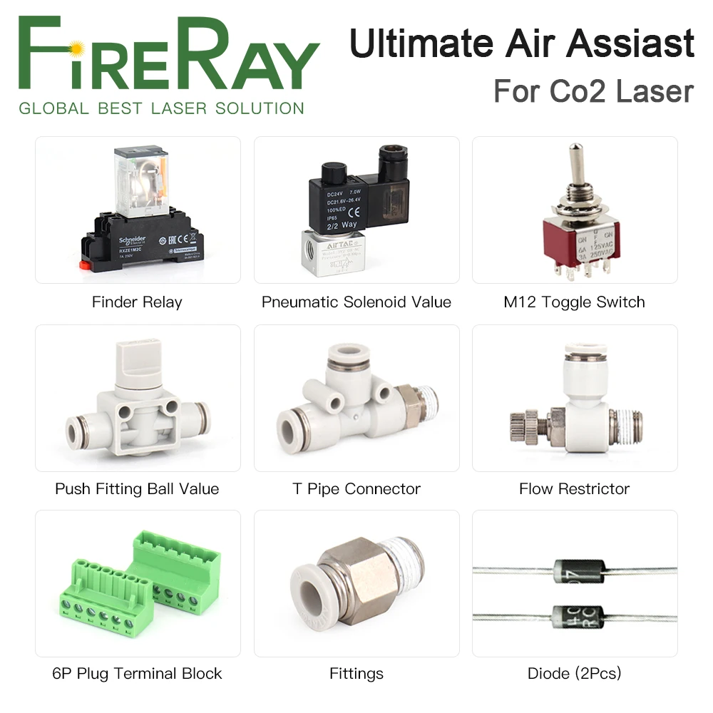 Fireray-relé de valor de solenoide neumático, accesorios de 6mm, Ultimate Air Assiast, conjunto para máquina de corte y grabado láser CO2