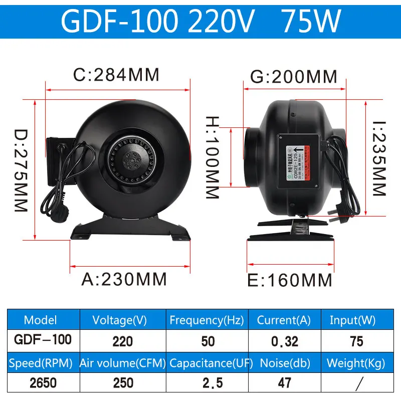 75W / 80W Brushless Motor Circular Coaxial Pipe Centrifugal Fan GDF-100 / 125 Blower 220V Industrial cooling fan