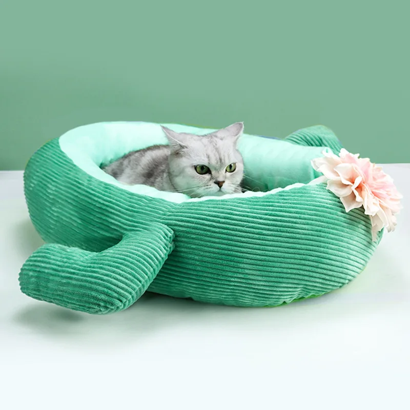 Cactus Cat House Pet Dog Cat Bed Lovely Kitten Puppy Cushion Beds With Summer Rattan Mat Thick Soft Cat Litter Pet Supplies