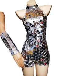 Silver Mirror Bodysuit Sparkly Glass wear Singer Women Sleeveless Performance  Dance Costume