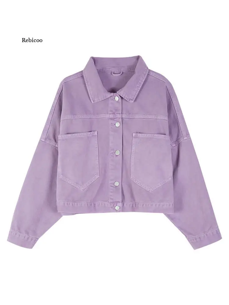 

Spring Autumn Women's Denim Jacket Purple Loose Short Korean Fashion Casual Cropped Coat Harajuku Retro Streetwear Top New