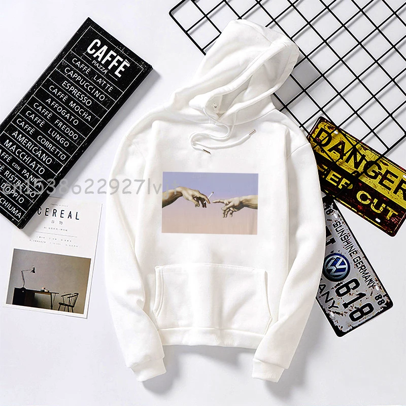 

White Hoodies Michelangelo Print Tops Women Hoodies Aesthetic Harajuku Sweatshirt Winter Female Hoodies Clothes Top