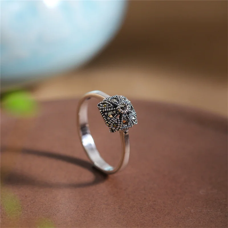 Uglyless Rhombic Marcasite Rings for Women Vintage Thai Silver Square Ring Real 925 Sterling Silver Retro Fine Jewelry Geometric