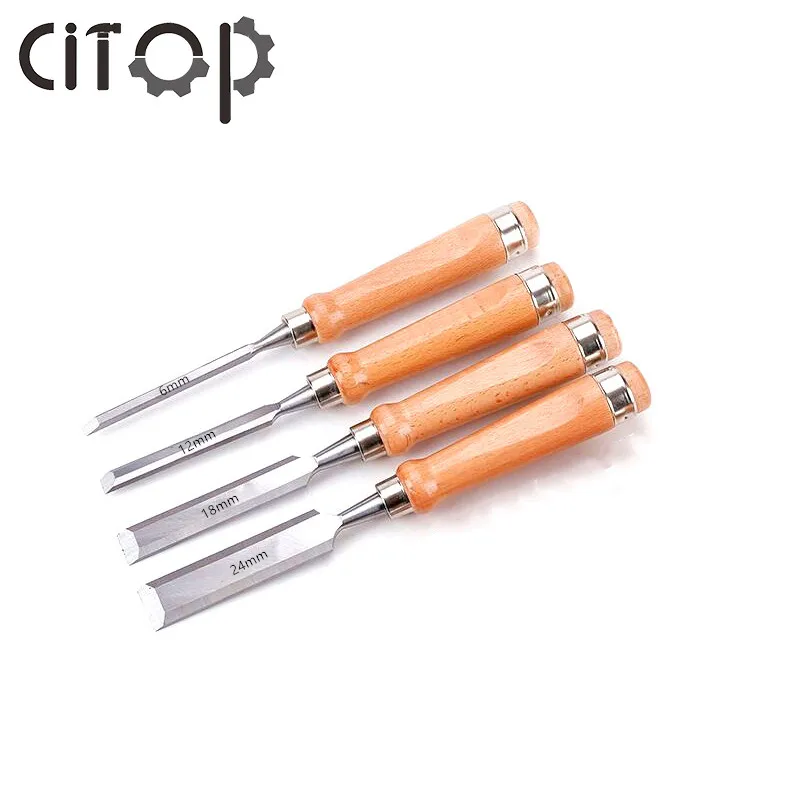 Citop 4Pcs 280mm Chrome Vanadium Steel Wood Chisel Set 6/8/10/12/16/18/20/24/32mm Flat Carving Chisel Carpenter Tools