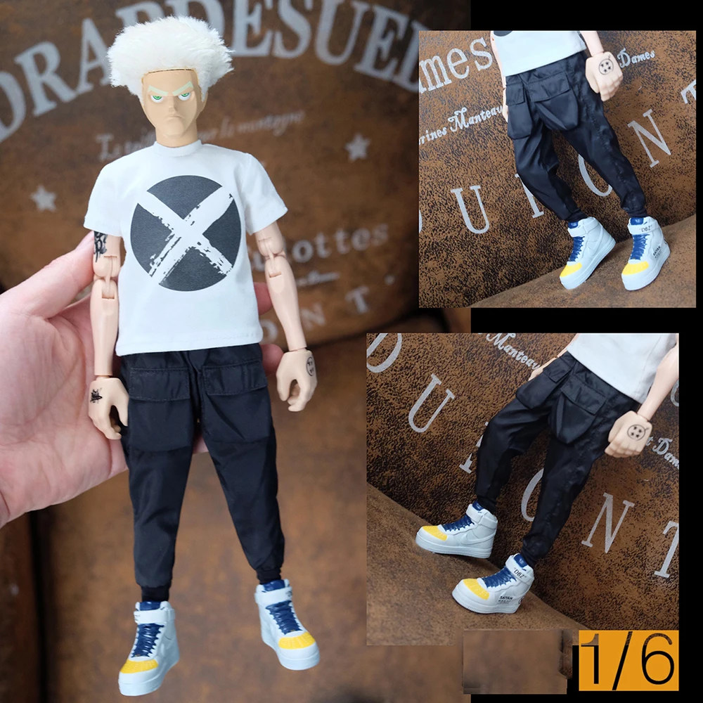 1/6th Fashion Trendy For Boys Guy White Short Sleeves Black Pant Model Can Suit 12inch Body Action Figures