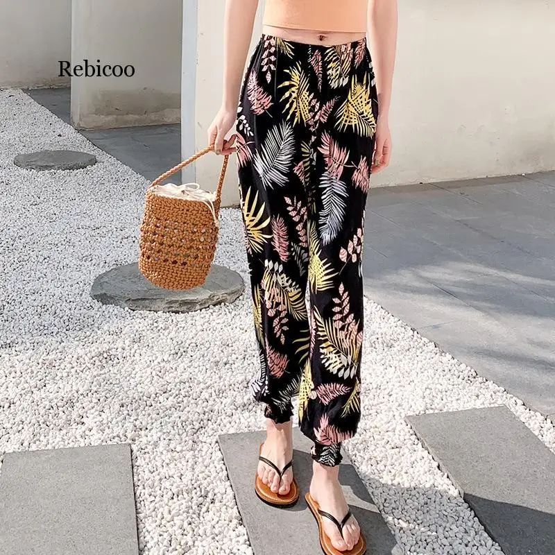 

New Summer Women's Loose Harem Pants Boho Printed Pockets Wide Leg Loose Sweat Pants Wide Leg Pants Ethnic Retro Casual Pants