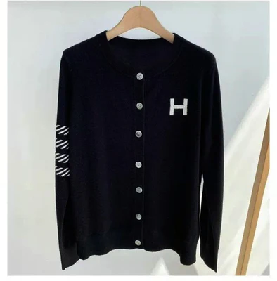 Cardigan en cachemire pour femme, pull à col rond, veste tricotée fine, jacquard ample, lettre H, station européenne