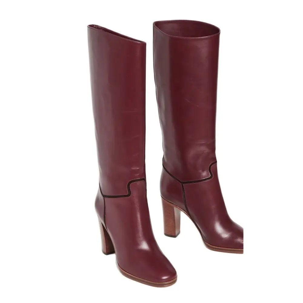 Burgundy Leather Knee High Boots Block High Heel Round Toe Slip On Runway Dress Women Shoes Square Heel Custom Made Shoes