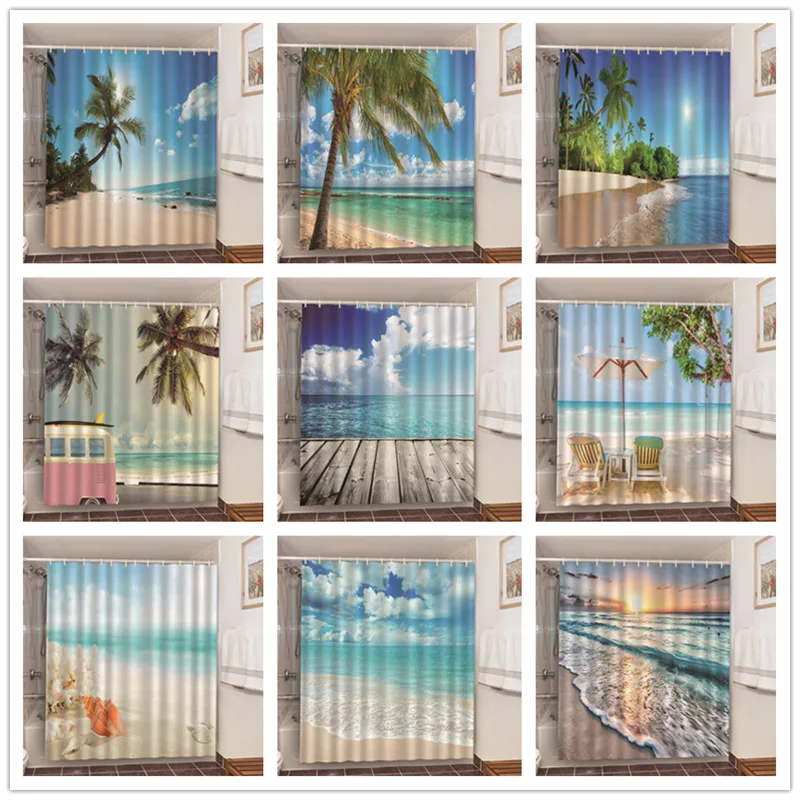 

Summer Sunshine Beach Bath Product Bathroom Shower Curtains With 12 Hooks Home Hotel Decoration 3D Blackout Screen douchegordijn