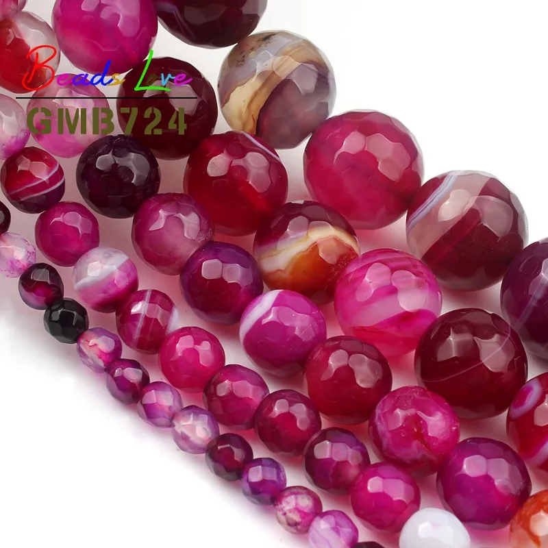الحجر الطبيعي الأوجه الفوشيه مخطط العقيق الجزع جولة فضفاض الخرز لصنع المجوهرات قلادة سوار ذاتي الصنع بالجملة 15 بوصة #4