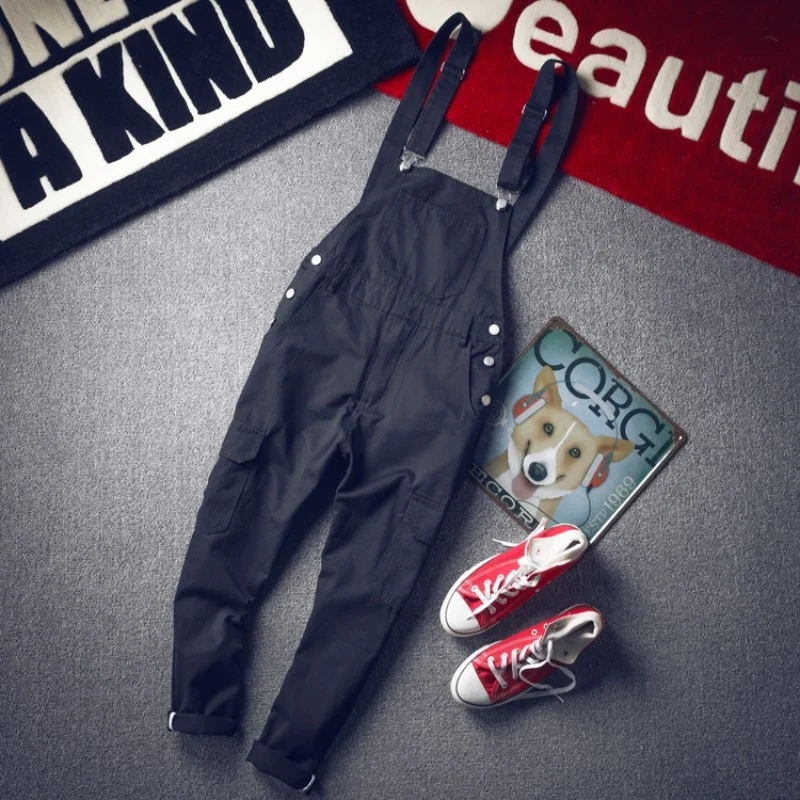 Casual Mens Overalls Pockets Cargo Pants Hip Hop Man Bib Pants Ankle Length Streetwear Harajuku Students Boy Slim Fit Jumpsuits