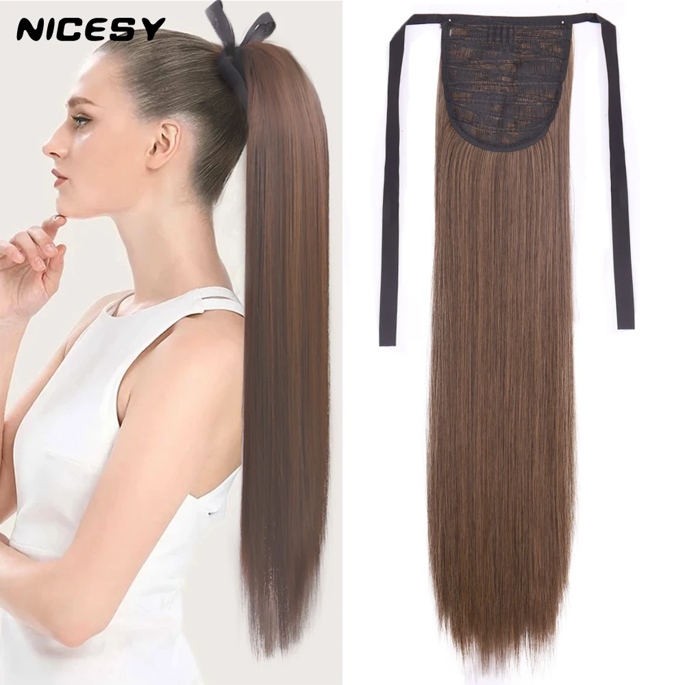 NICESY Synthetic Brown Long Straight ClipIn Extensions Tail False Hair Strappy Ponytail 22'' Fiber Heat-Resistant PonyTail Fak