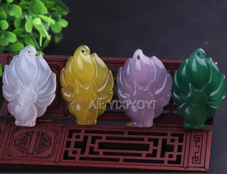 Beautiful Chinese Handwork Natural Yellow Green Agate Jade Carved Nine-Tailed Fox Lucky Pendant + Rope Necklace Fine Jewelry