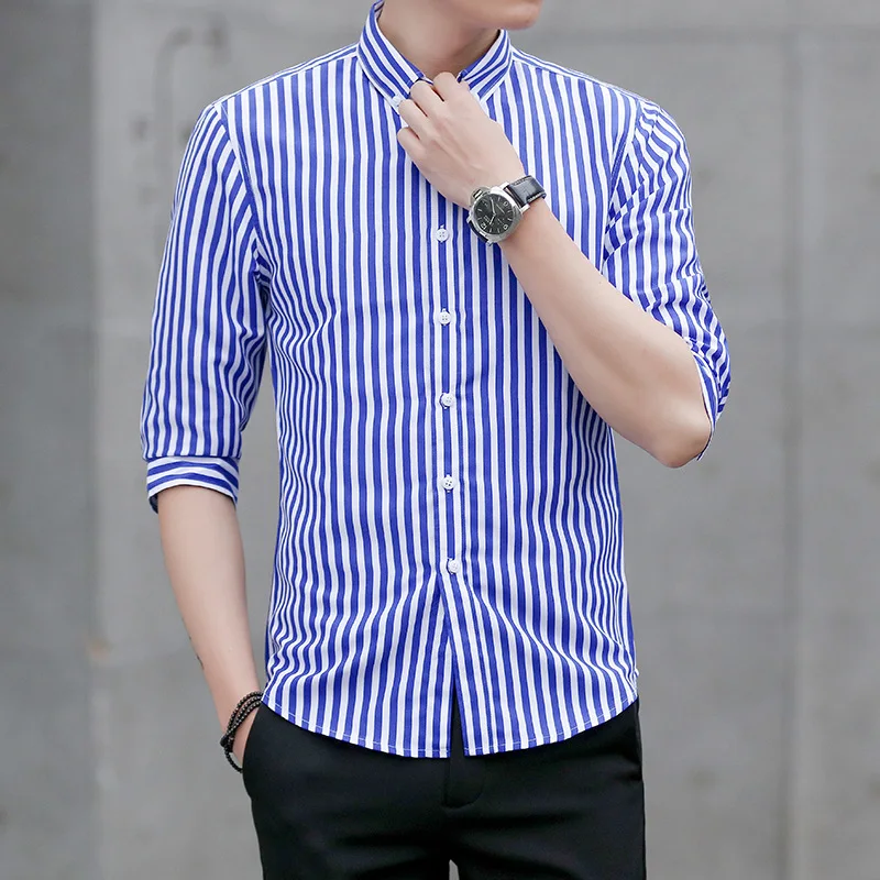 MRMT 2024 Brand New Spring and Summer New Men's Shirt Stripe Seven-minute Sleeve Shirt for Male Trim Tops Shirt