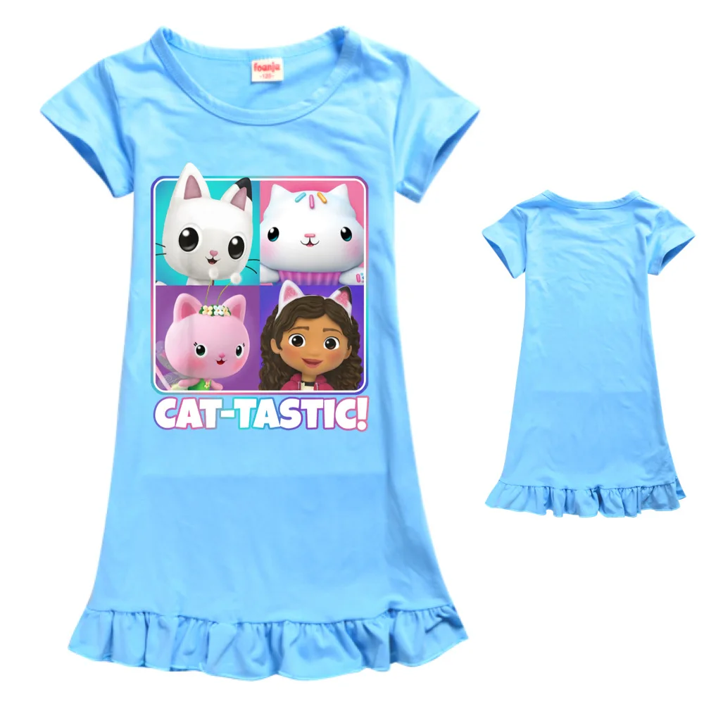 2021 New Kids Clothes Girls Gabby Cats Tastic Pajamas Dress Summer Short Sleeve Nightgown Children Home Wear Birthday Clothing