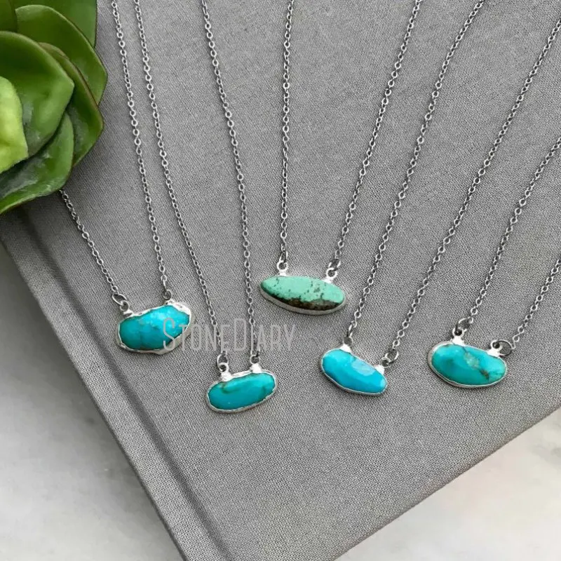 NM11595 Raw Rough Rustic Turquoise Gemstone Free Form Pendant Silver Plated Chain Necklace Boho Bohemian Jewelry Gift For Her