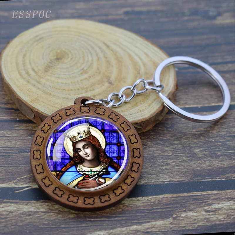 Virgin Mary and Baby Jesus Christian Catholicism Keychain Religious Catholic Saint  Glass Cabochon Wooden Keychain Jewelry Gifts