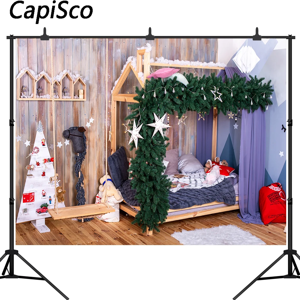 Capisco-guirnalda de Navidad, Fondo de fotografía, pared de madera, cama, suministros de decoración de fiesta de Navidad para bebé, telones de fondo para fotos, Pancarta, accesorios de estudio