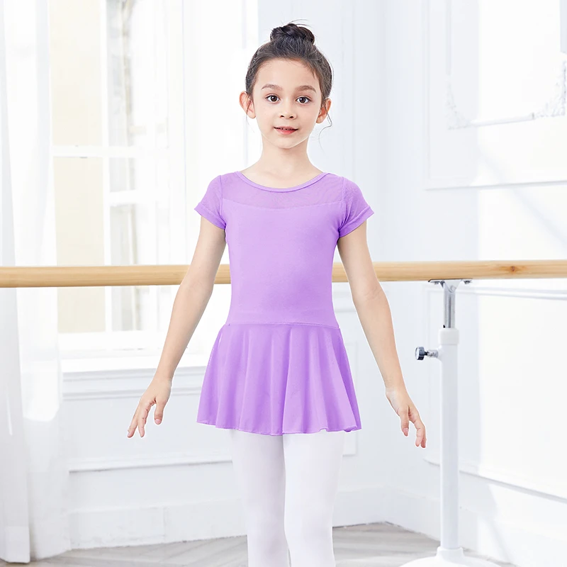 Kids Girls Ballet Dress Gymnastics Leotards Mesh Splice Short Sleeve Ballet Leotards Dance Costumes Soft Ballet Dance Bodysuit