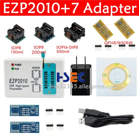 EZP2010 EZP2013 EZP2019 Programmer+7 adapter SOP8 150mil 200mil to DIP8 SOP16 WSON8 socket 2011 usb high speed spi bios eeprom