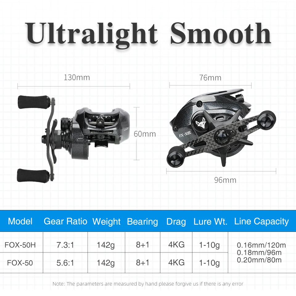 TSURINOYA SPIRIT FOX 50 Baitcasting Fishing Reel Brass Gear 7.3:1 Ultra-light Smooth Finesse System Long Casting Versatile Wheel