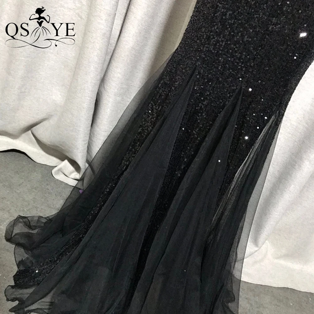 Sequin Black Evening Dresses V Neck Long Mermaid Prom Gown Sleeveless Tulle Hem Party Dress Glitter Lace Sequin Black Dress Chic