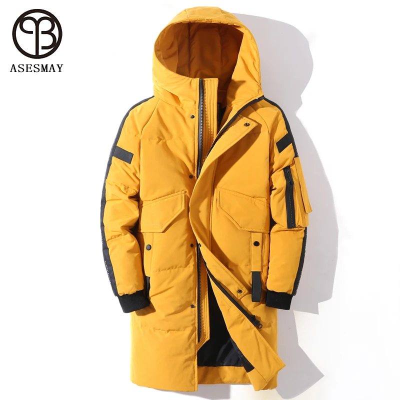 Asesmay-Chaqueta de plumón de pato blanco para hombre, abrigo largo y cálido, Parkas con capucha, prendas de vestir amarillas, ropa de marca de