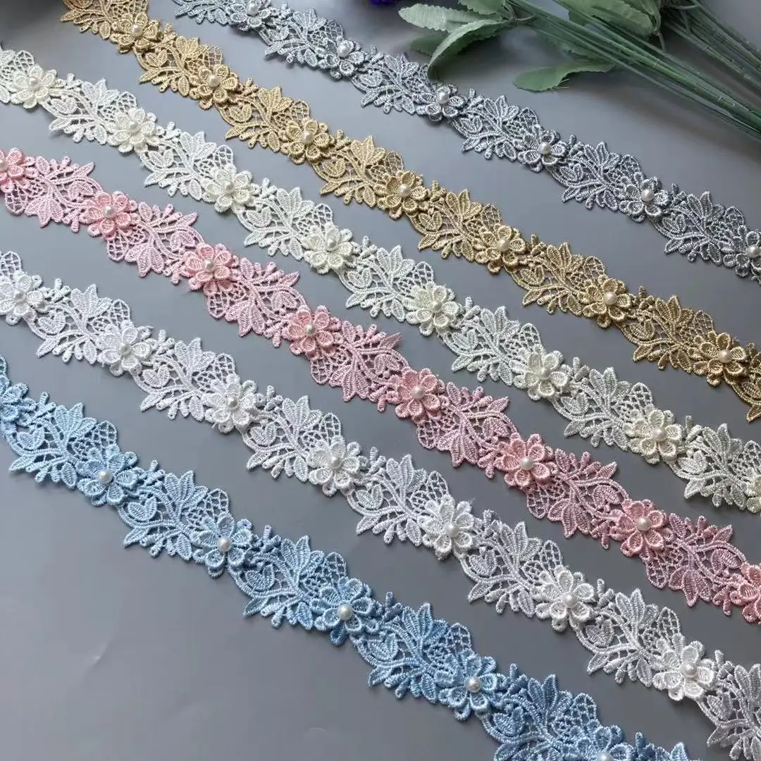 2 Yard Pearl Flower Embroidered Soluble Polyester Fabric Lace Trim Ribbon Handmade DIY Sewing Craft For Costume Hat Decoration