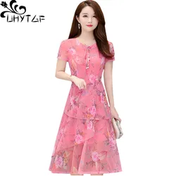 UHYTGF Womens Summer Dress 2022 Fashion Gauze Printing Chiffon Elegant Dress Short Sleeve Large Swing Loose Big Size Dresses1188