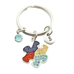 Autism Creative Initial Letter Monogram Birthstone Keychains Keyrings Fashion Jewelry Women Gifts Accessories Pendants