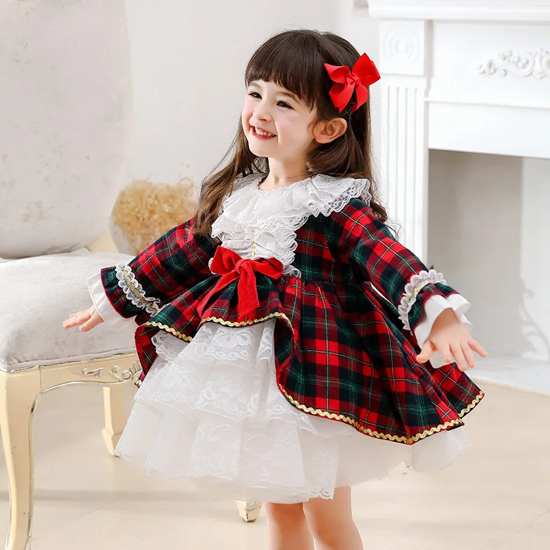 Lolita Girl Dress for Girls Toddler Lace Plaid Dresses Party Birthday Wedding Dress Spanish Court Ball Gown Princess Vestidos