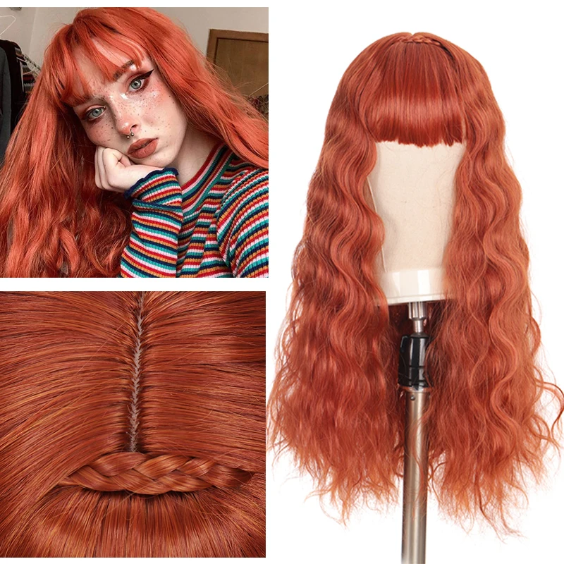 

XUANGUANG Synthetic Long Wavy Orange Wig With Bangs 26 Inch Curly Hair Halloween Cosplay Party Heat-resistant Wig Female Daily