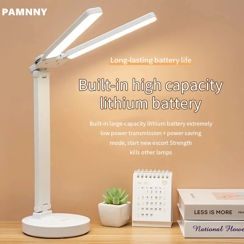 PAMNNY Desk Lamp Dual-Head Type High Brightness LED Table Lamp Touch Dimming Foldable  Work and Study Eye Protection Table Light