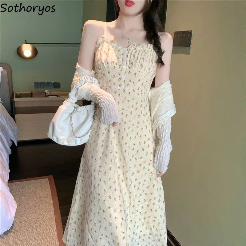 

Women Sleeveless Dresses Folds Gentle Floral Sweet Fairy Ruffles Elegant All-match Streetwear Retro Teen Ulzzang Mid-calf A-line